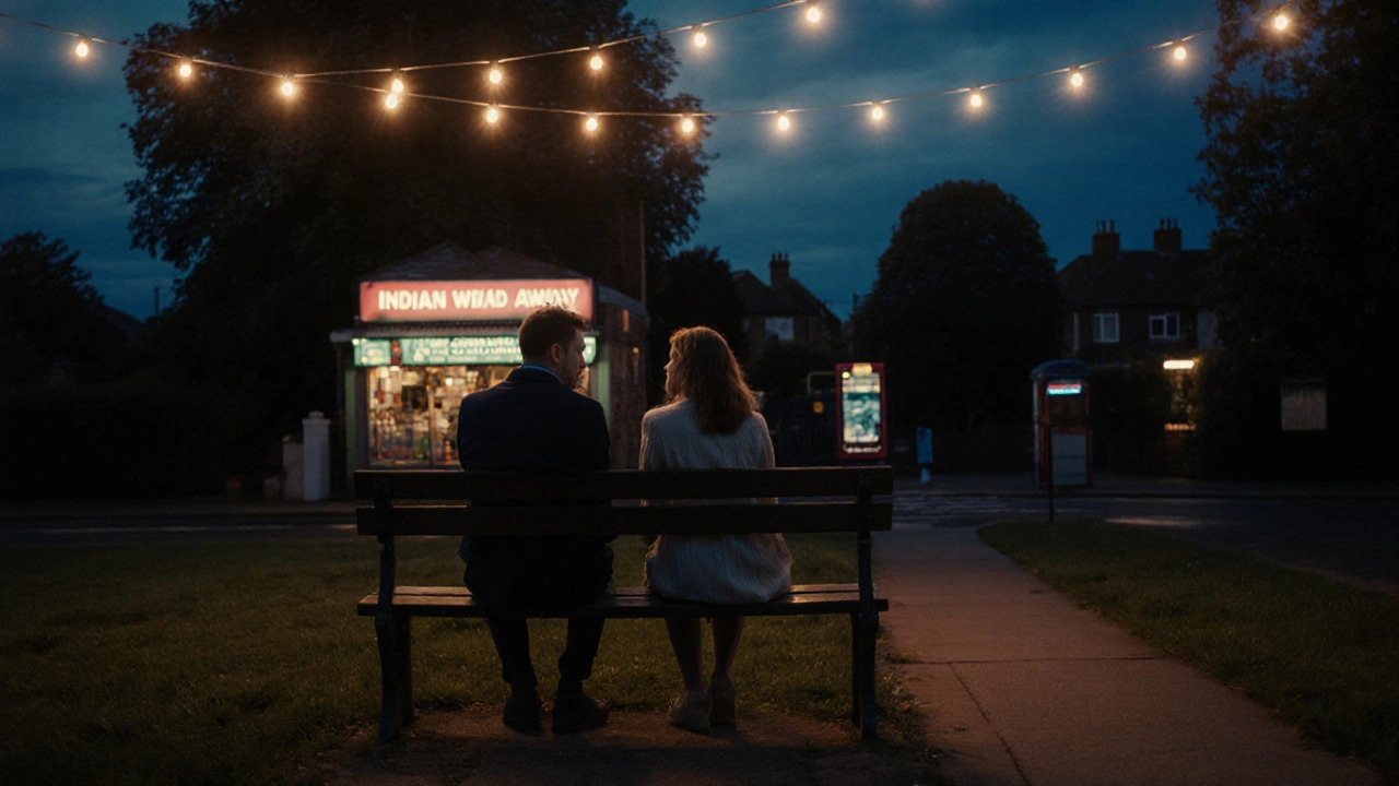 Two people sitting quietly on a park bench in Harrow Weald at dusk, sharing a respectful moment.