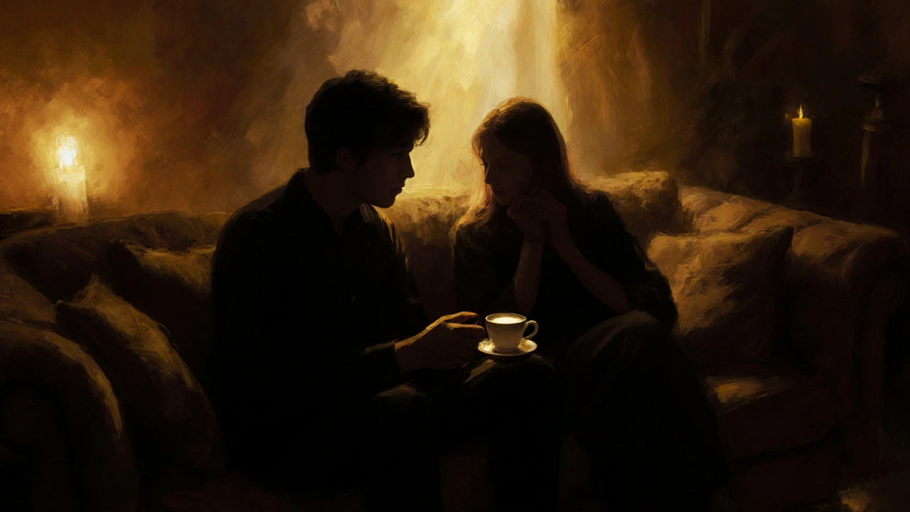 Two people sitting quietly together in a softly lit room, sharing a moment of calm conversation.