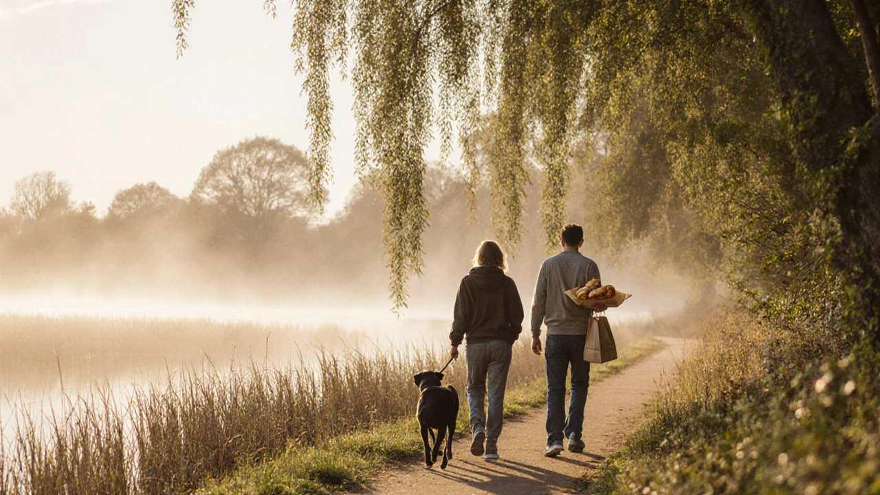 Two people walk a dog along wetlands at sunrise, holding pastries, surrounded by mist and reeds.
