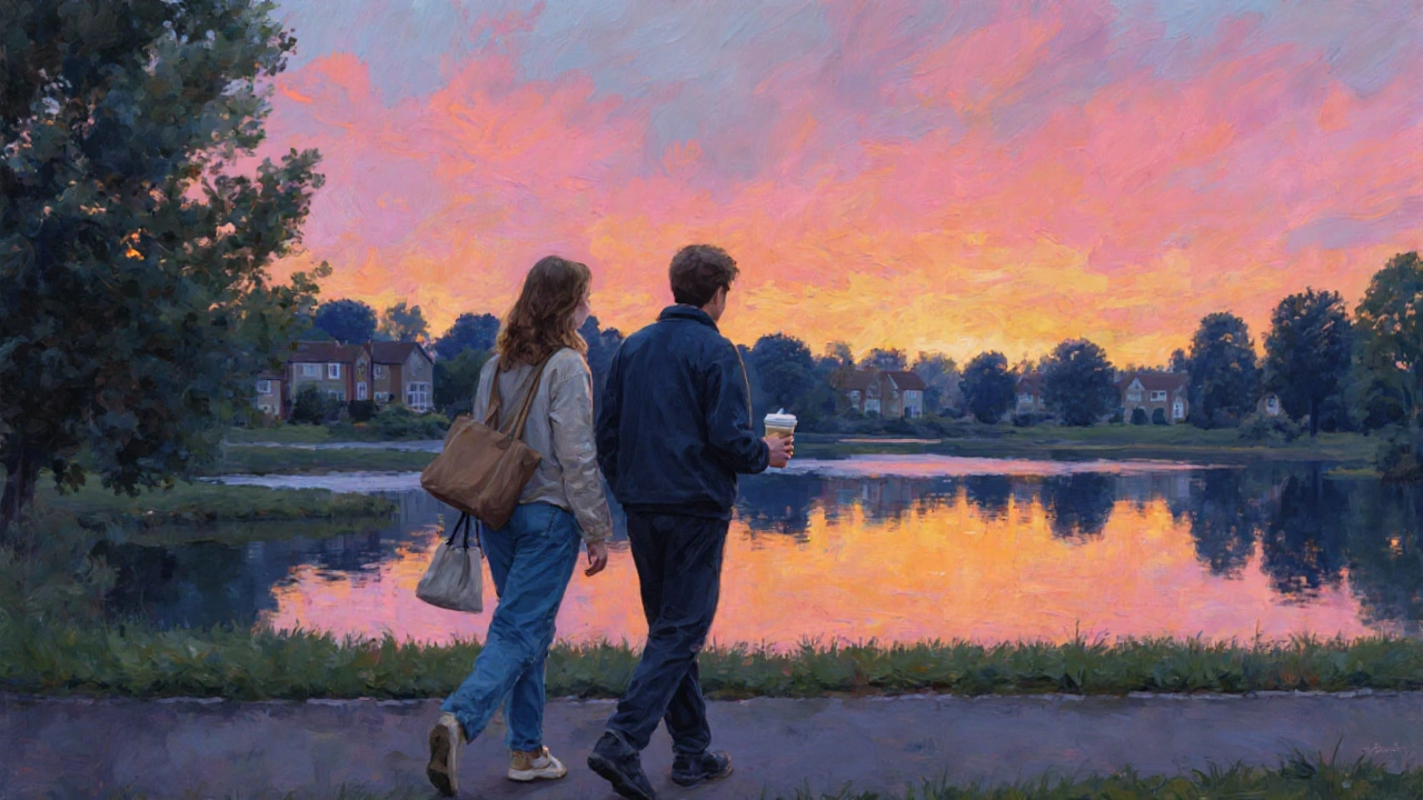 Two people walking peacefully along Bedfont Lakes at sunset, sharing a quiet, respectful moment.