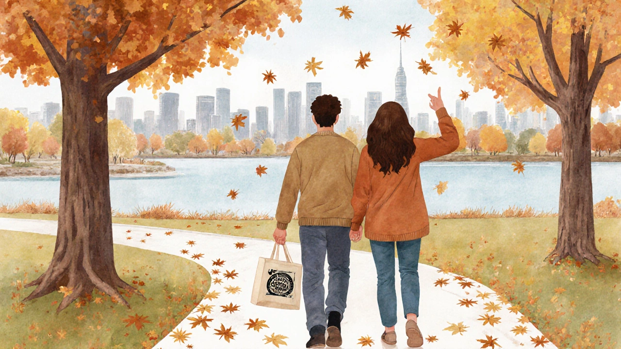 Two people walking peacefully through Victoria Park at dusk, trees lining the path, Olympic Park skyline in the background.