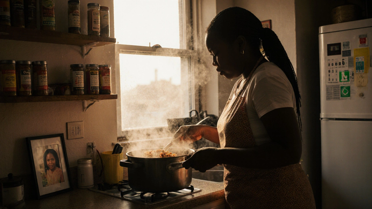Woman cooking jollof rice in a modest Leyton kitchen with family photo on fridge.