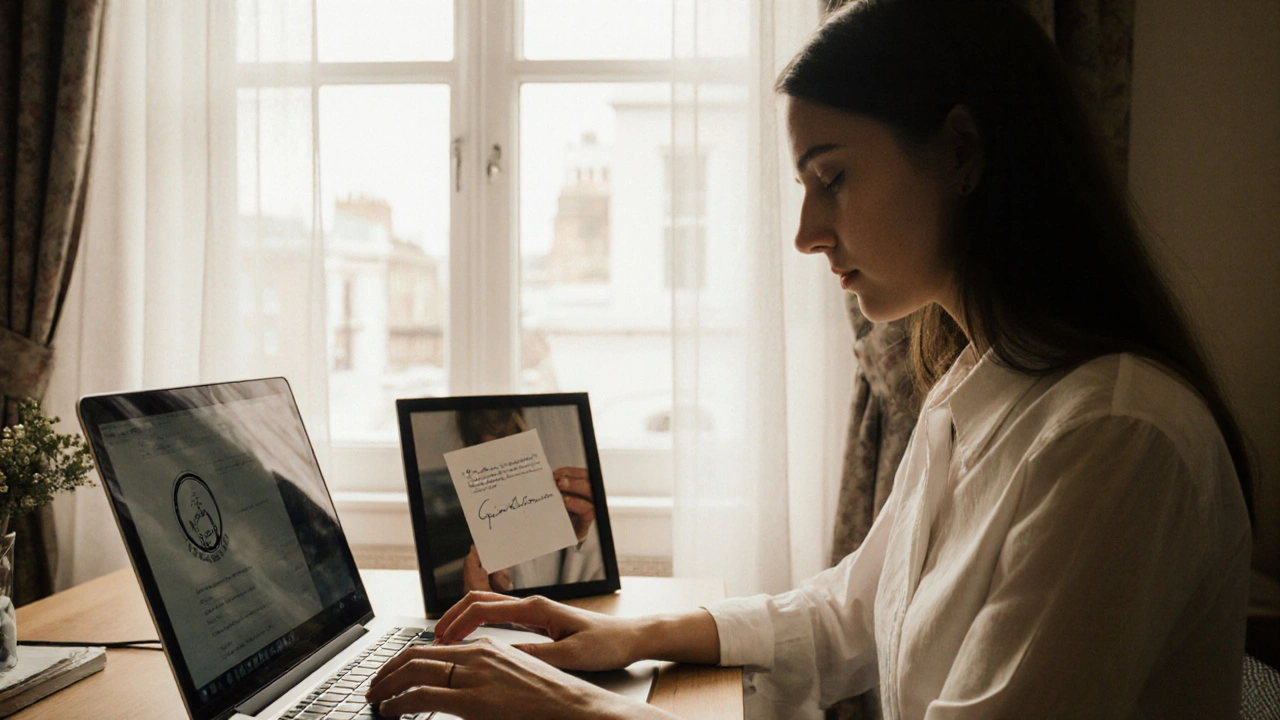 Woman writing a review on a laptop in a sunlit London apartment.