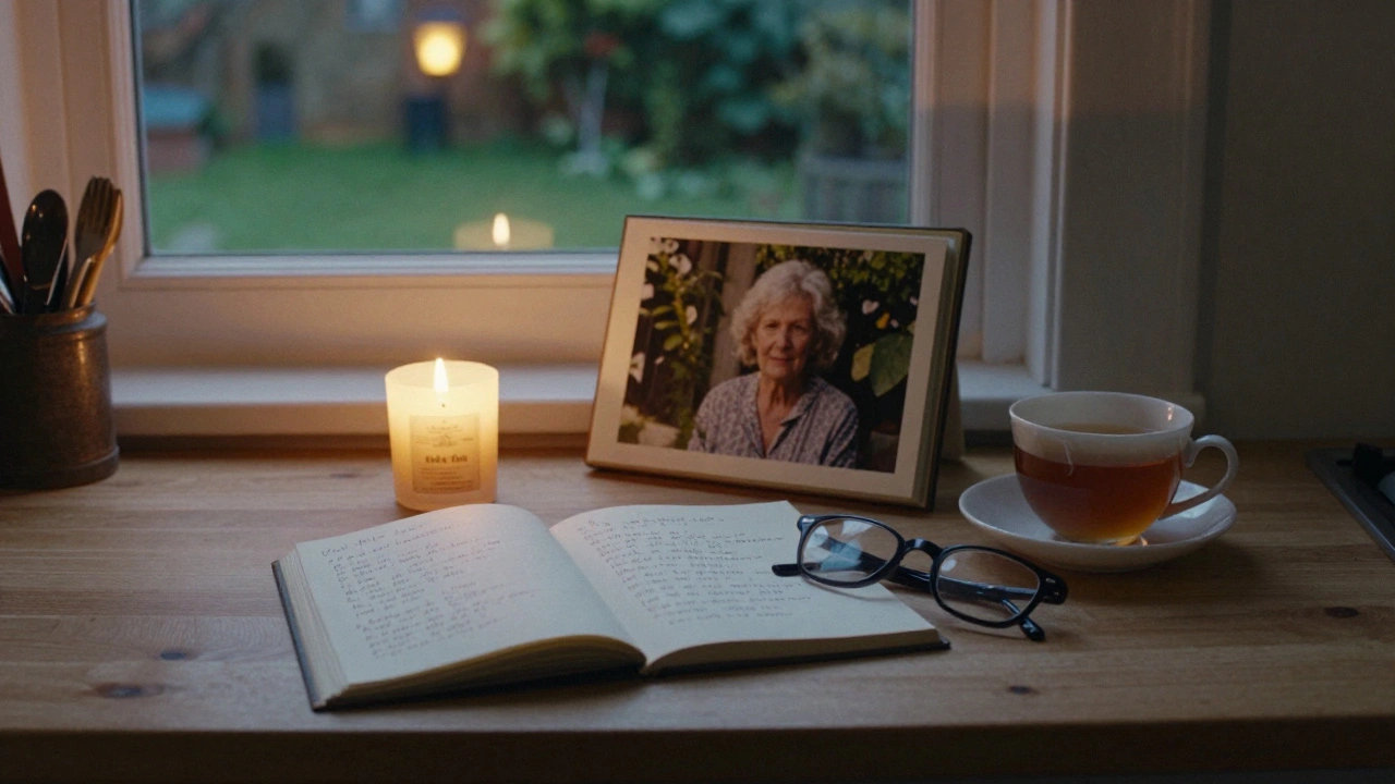A candlelit kitchen table with an open photo album, a cooling cup of tea, and reading glasses beside poetry.