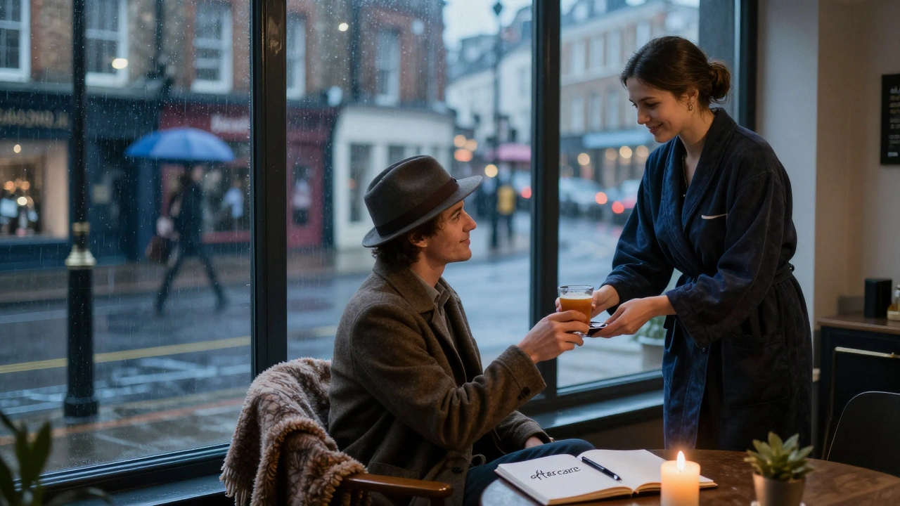 A client receiving aftercare in a London studio, offered a warm drink by a compassionate escort during a rainy evening.