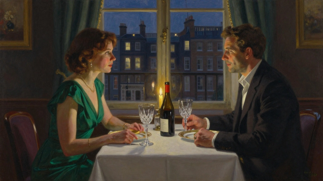 A couple shares an intimate dinner in a candlelit private dining room with a view of London's skyline.
