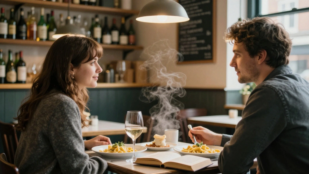 A couple sharing a quiet dinner in a cozy Feltham Italian bistro, warm lights and steam rising from pasta.
