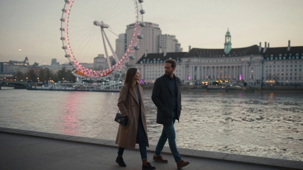 A couple walking peacefully along the Thames at dusk, enjoying quiet conversation under the glow of the London Eye.