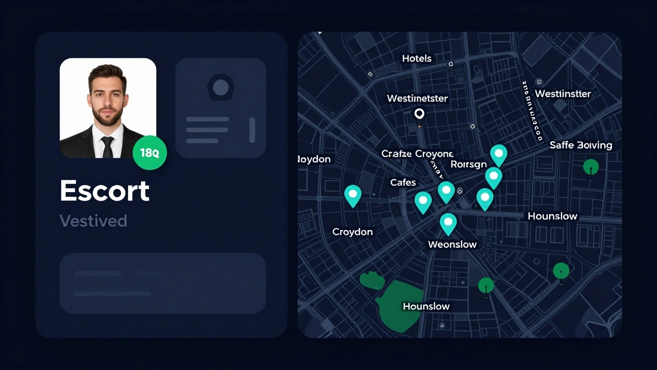 A digital interface displays verified escort profiles and safe meeting locations across London boroughs.