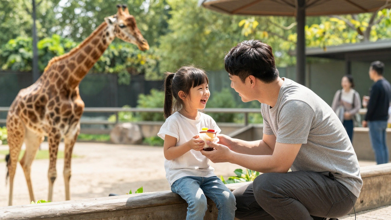A father and daughter laugh at the zoo with a compassionate companion holding a small cake beside them.
