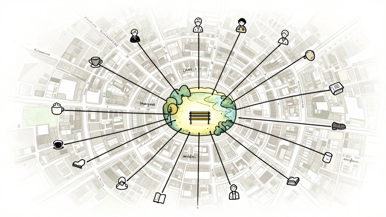 A hand-drawn map of North West London showing quiet streets connected to a central bench by a lake.
