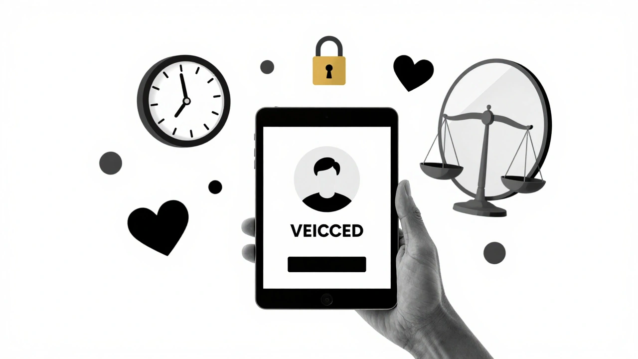 A hand holding a tablet with floating symbols representing time, safety, connection, and legality.