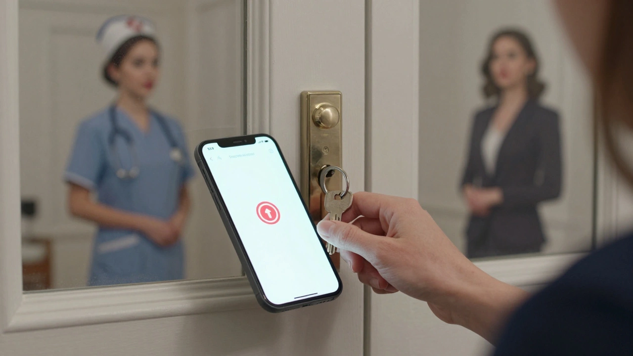 A hand inserting a key into a door, smartphone with safety app beside it, reflection showing dual professional identities.