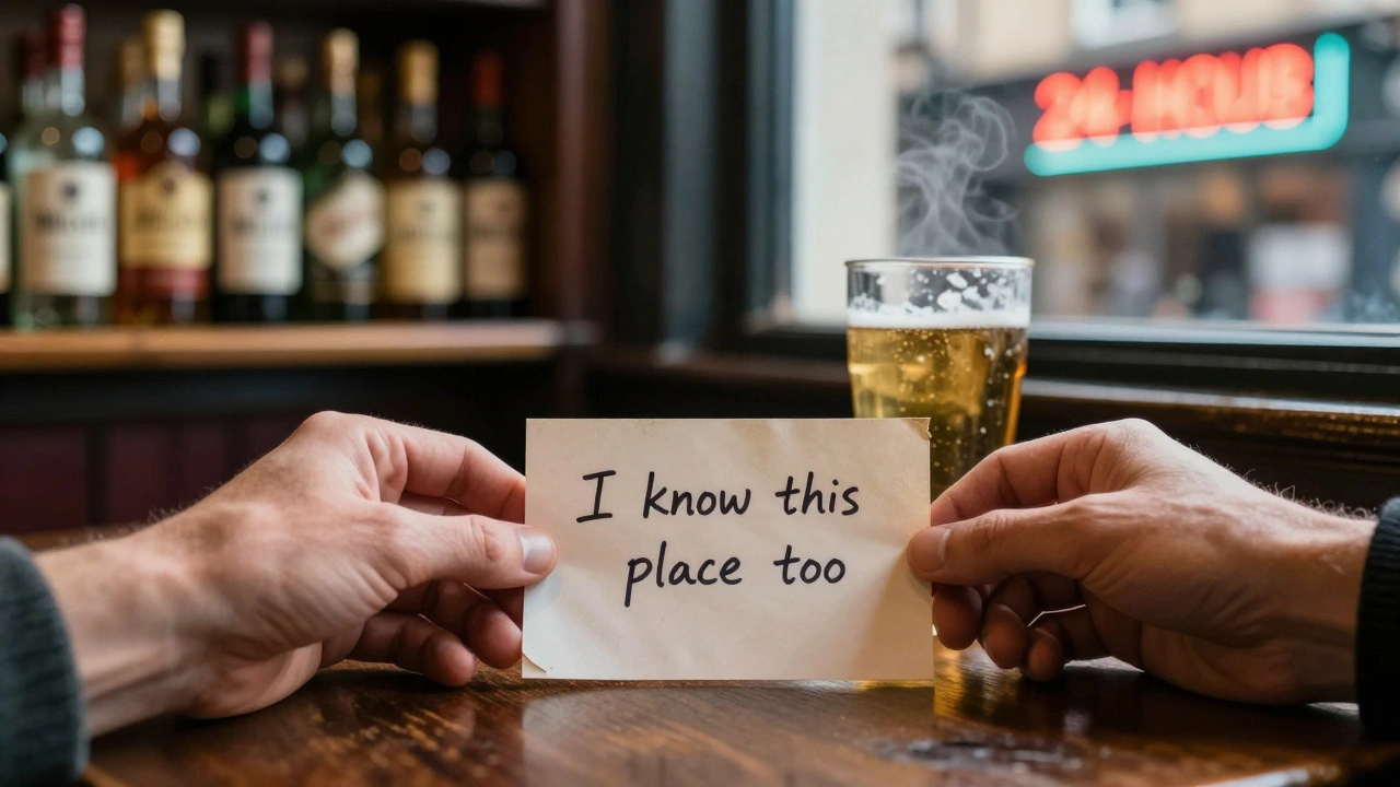 A hand placing a handwritten note on a pub table beside a pint and DLR ticket, soft warm lighting.