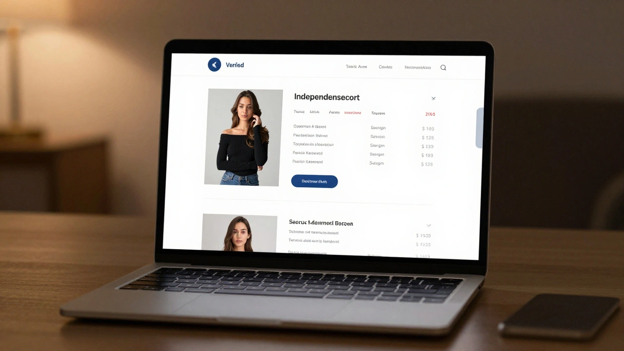 A laptop displays a clean escort profile with verified photos and reviews, glowing softly in a quiet room.