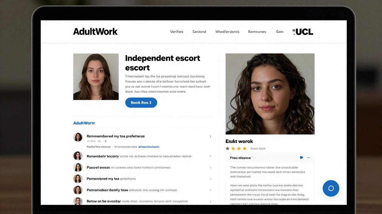 A laptop screen displaying a verified escort profile with detailed bio and genuine client reviews on a trusted platform.