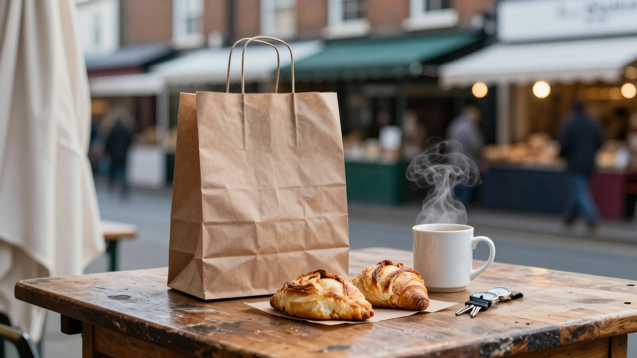 A paper bag with pastries and a steaming mug on a wooden table, hinting at a quiet, personal moment in Walthamstow.