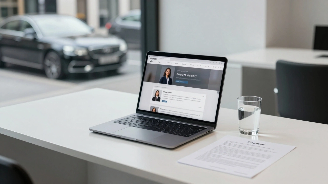 A professional escort agency office with a laptop showing a discreet profile and a printed client review, emphasizing trust.