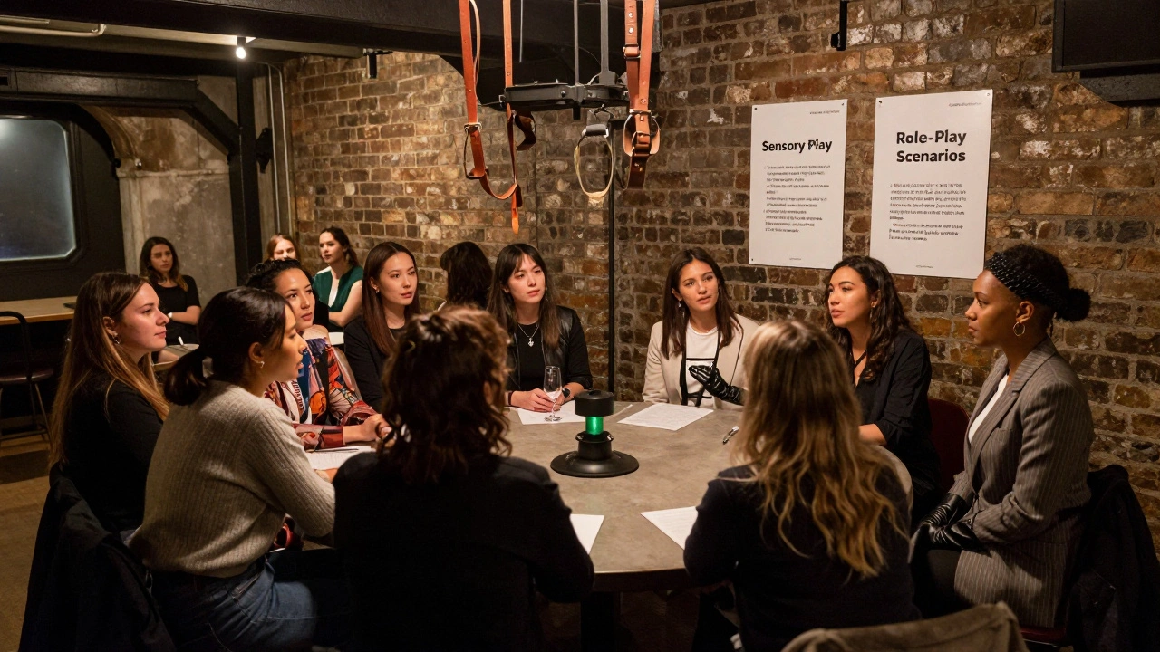 A professional workshop on consent in a London fetish lounge, with attendees listening as a guide explains safe practices.