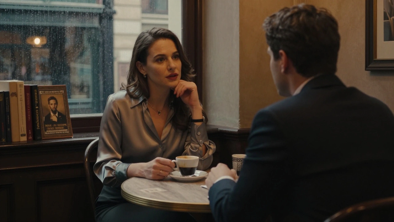 A quiet café scene with two people in thoughtful conversation, soft lighting and rain on windows.