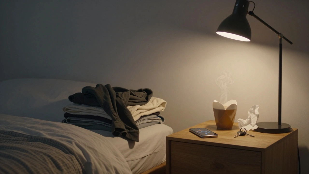 A quiet E15 apartment interior at night with a smartphone, mug, and folded clothes on a nightstand.
