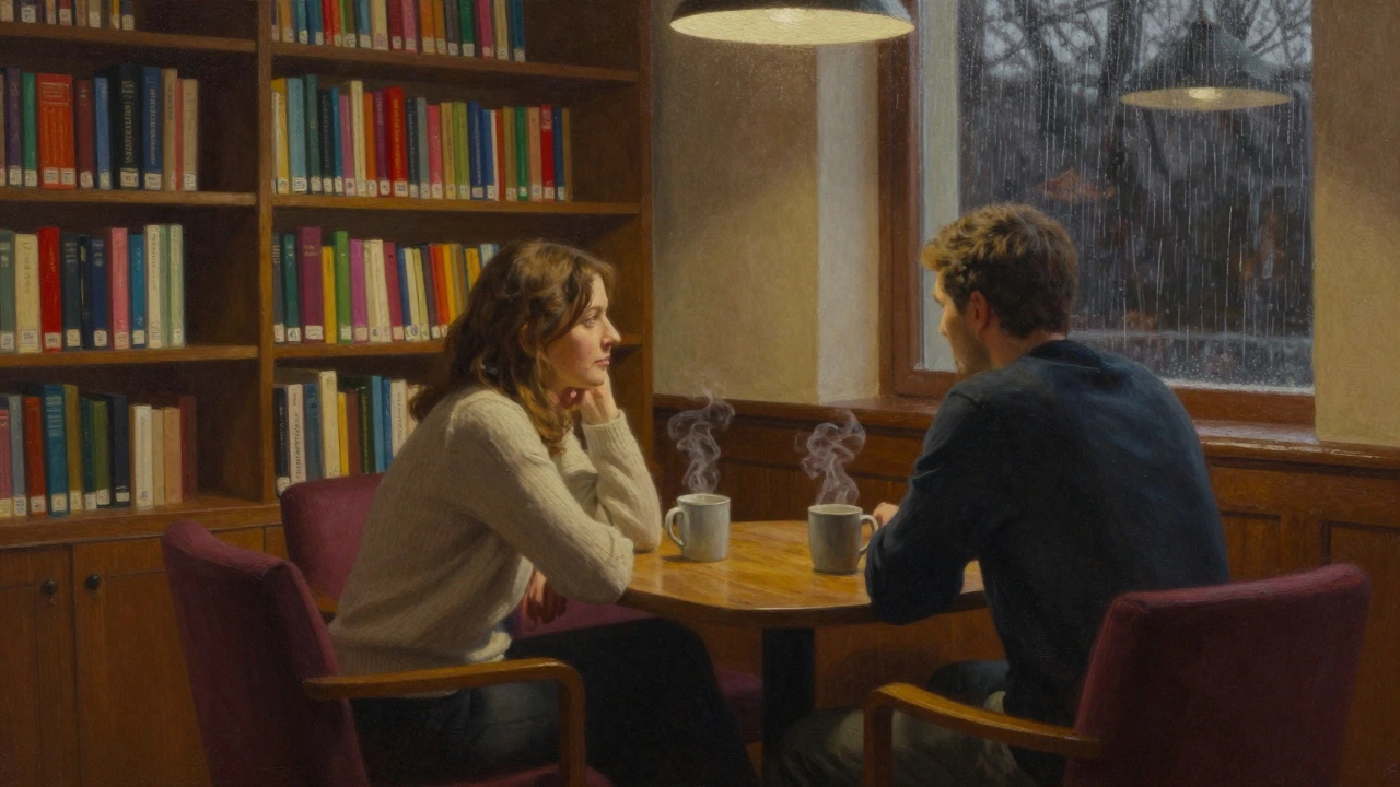 A quiet moment in a library lounge, two people sharing coffee and conversation in soft, warm light.