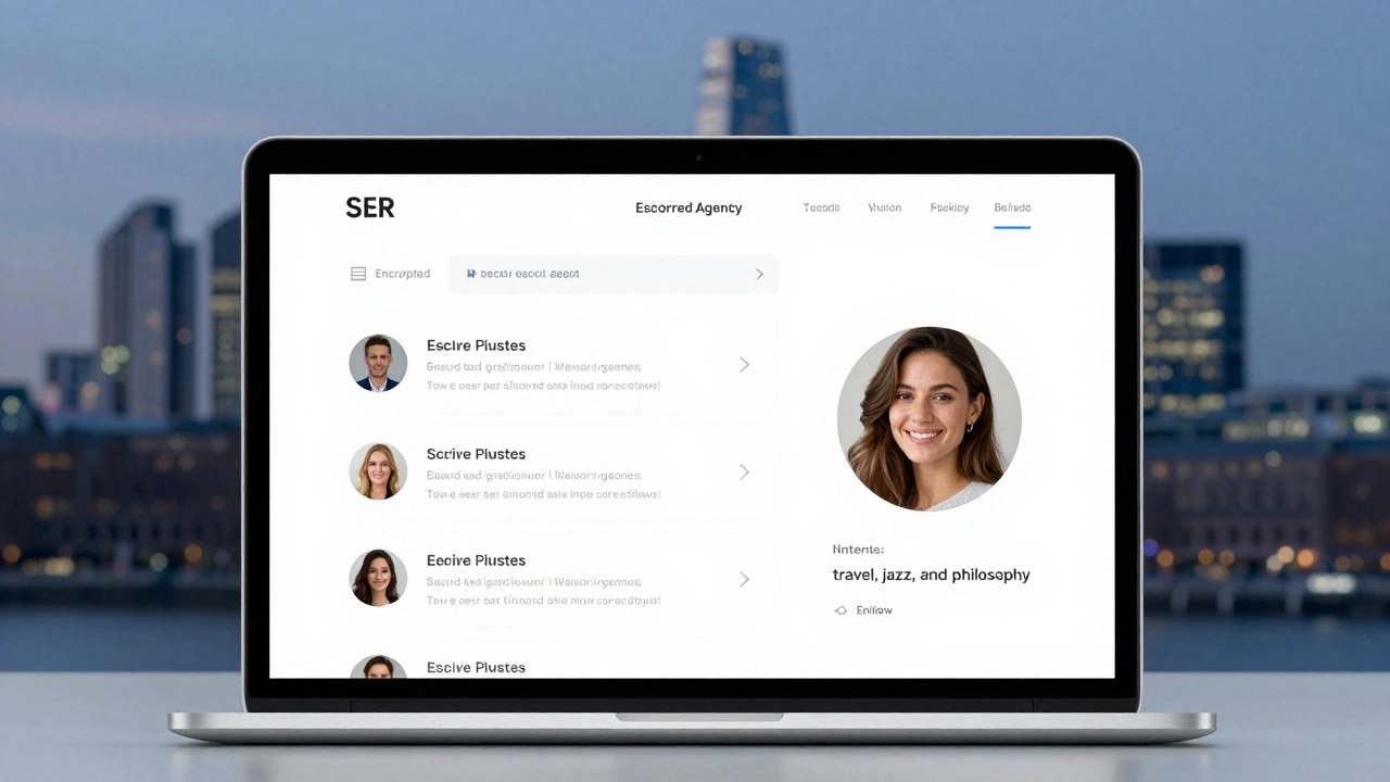 A secure online booking interface showing a profile with interests and verified reviews, set against a London skyline.