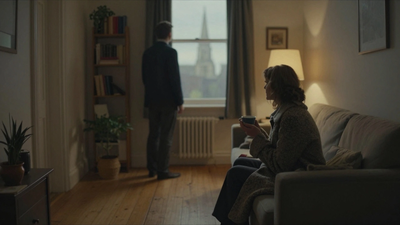 A serene interior scene in a Walthamstow apartment with a woman holding tea near a window overlooking a church spire.