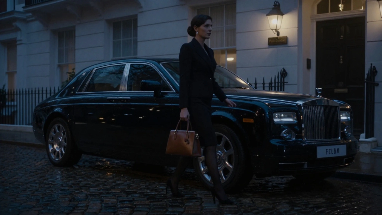 A silhouette of a woman arriving at a private Belgravia residence in a luxury car at twilight.