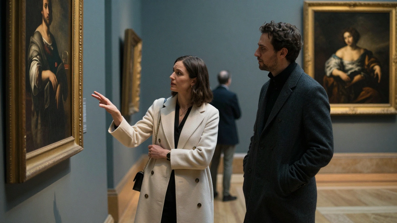 A sophisticated couple observing a Caravaggio painting in a private gallery, illuminated by soft museum lighting.