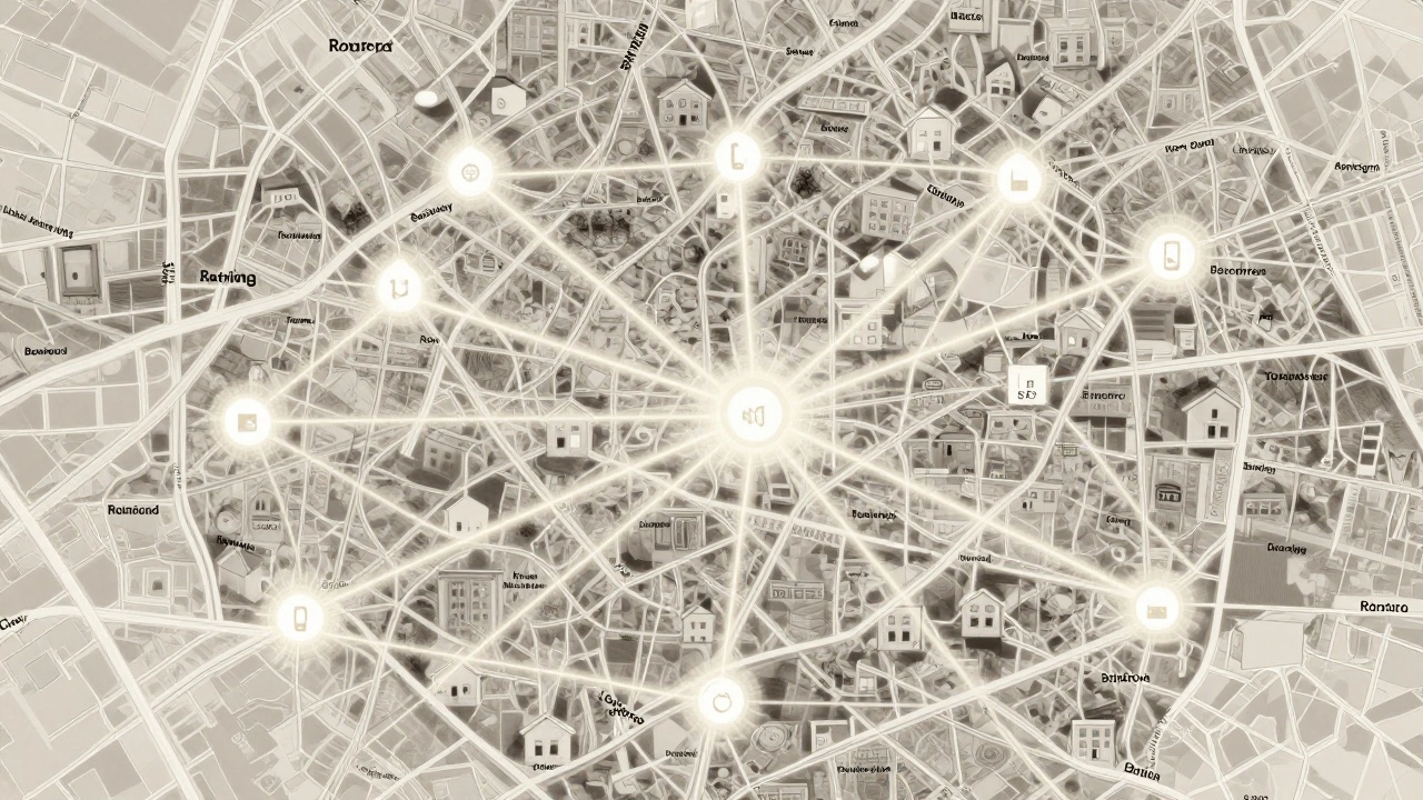 A stylized map of East London with glowing connections between neighborhoods, symbolizing a hidden escort network.