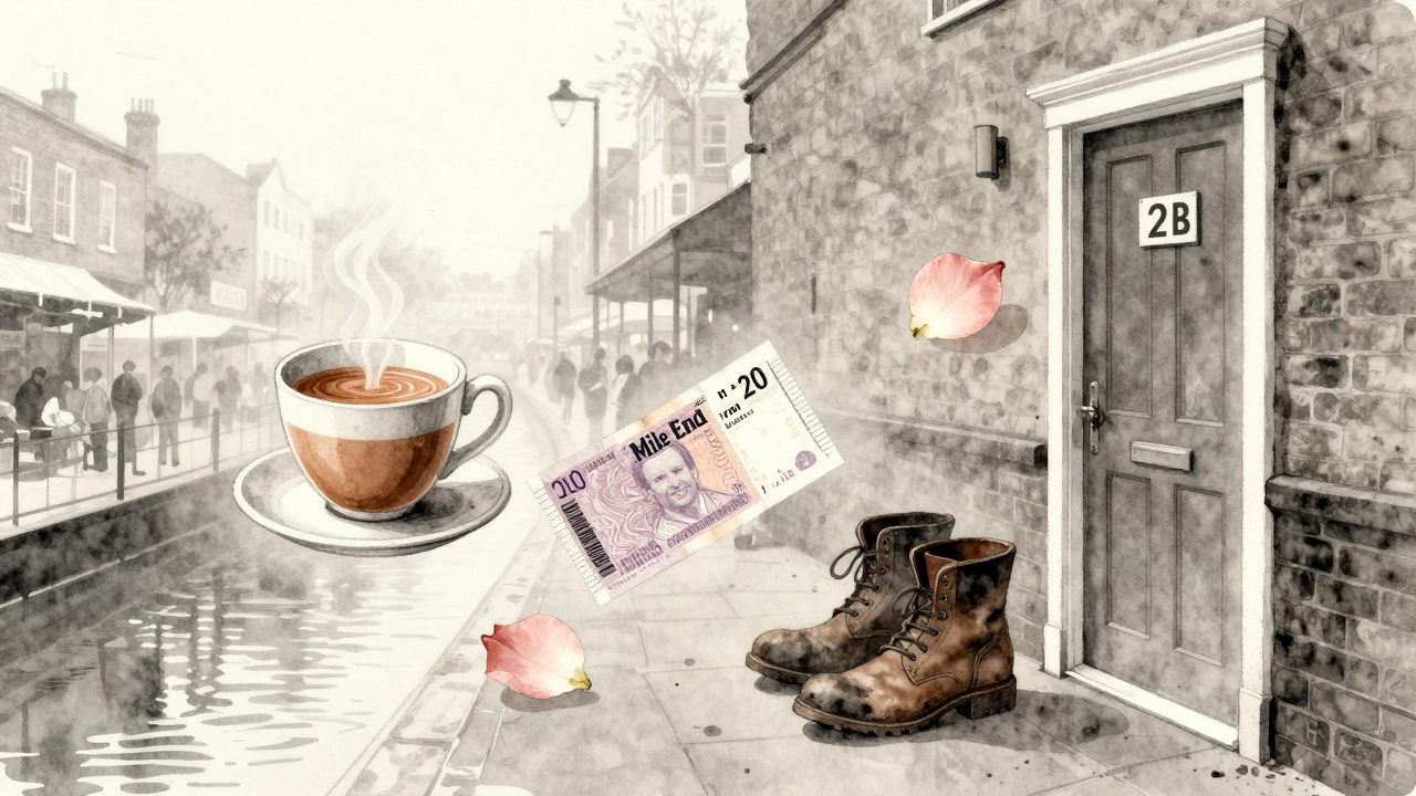 A symbolic collage of chai, a rose, a banknote, and boots evokes quiet human connection in Bethnal Green, no people shown.