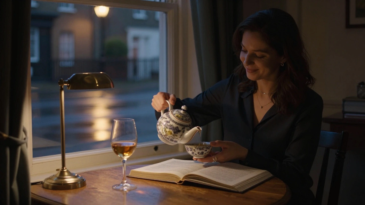 A woman pours tea in a cozy flat with warm lamplight and a book open on the table.
