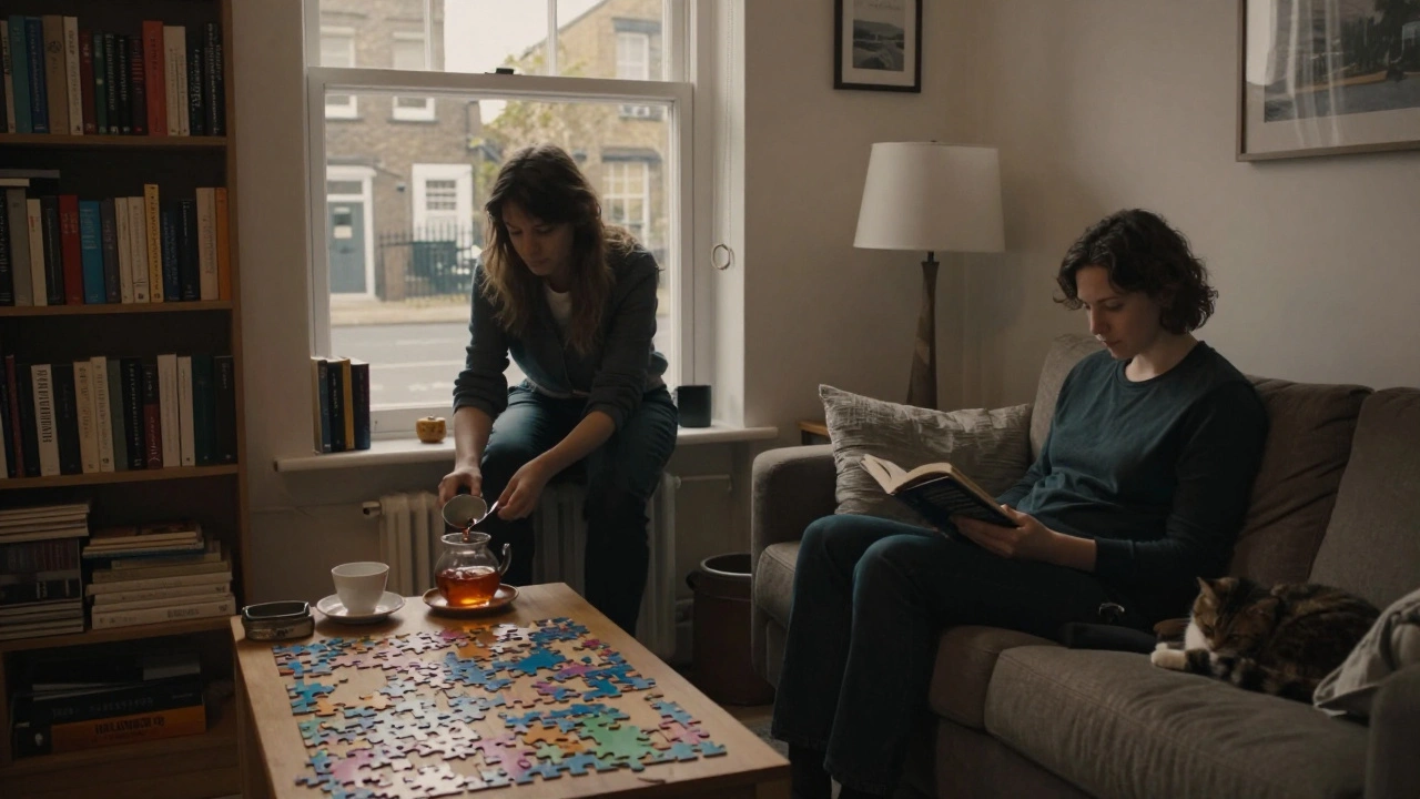 A woman serves tea to a client in a cozy South London apartment, sharing a peaceful moment of companionship.