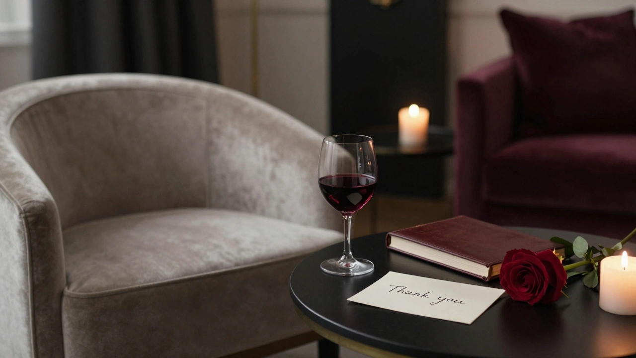 An empty, elegantly arranged lounge with candlelight, wine, and a handwritten note—traces of a meaningful encounter.