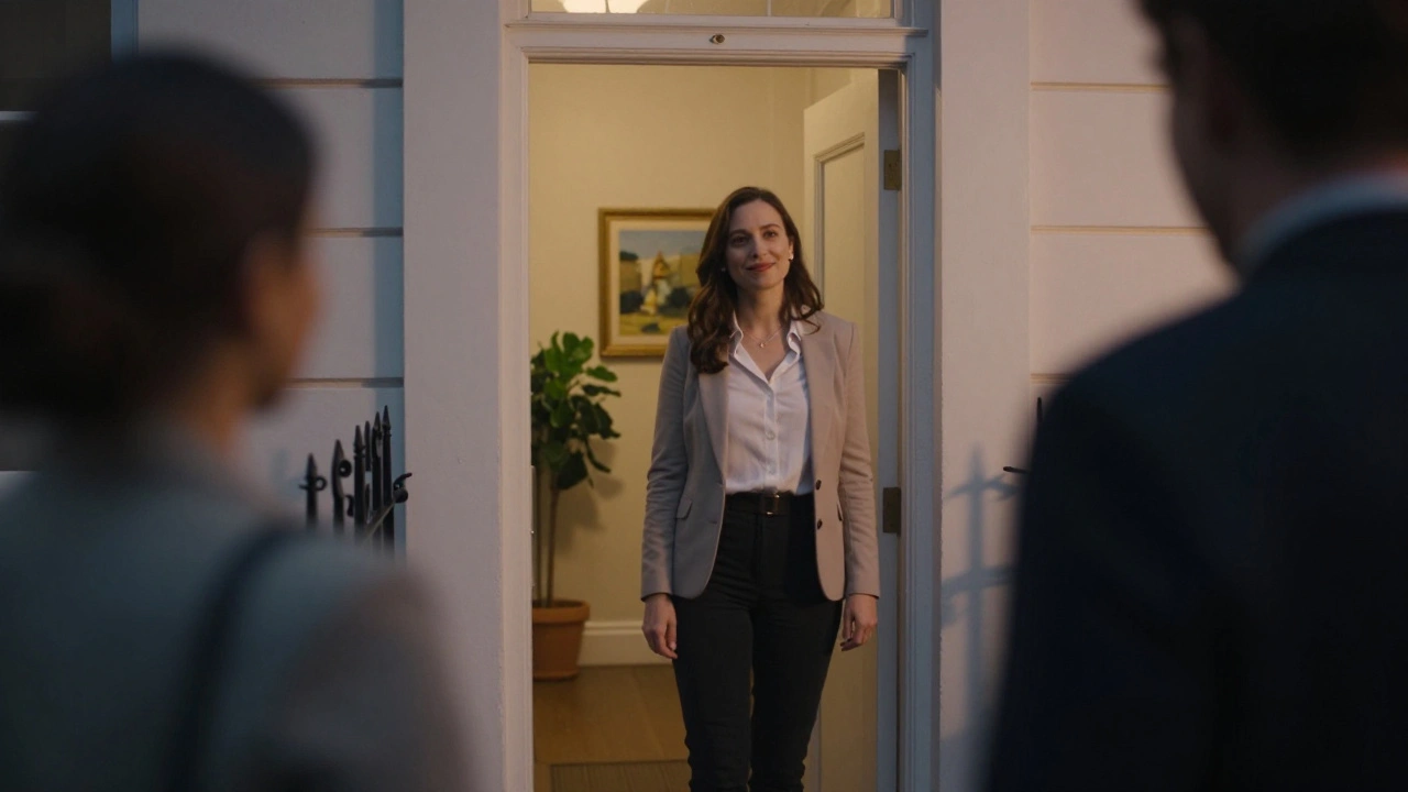 An independent escort greeting a client at the doorway of a tasteful North London apartment, exuding discretion and warmth.