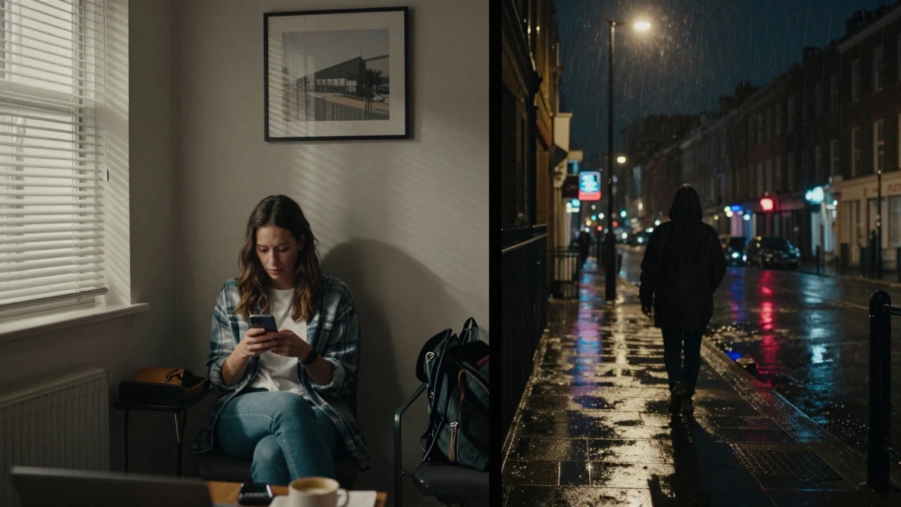 Contrasting scenes of West and East London — one calm and daylight, the other shadowy and rainy.