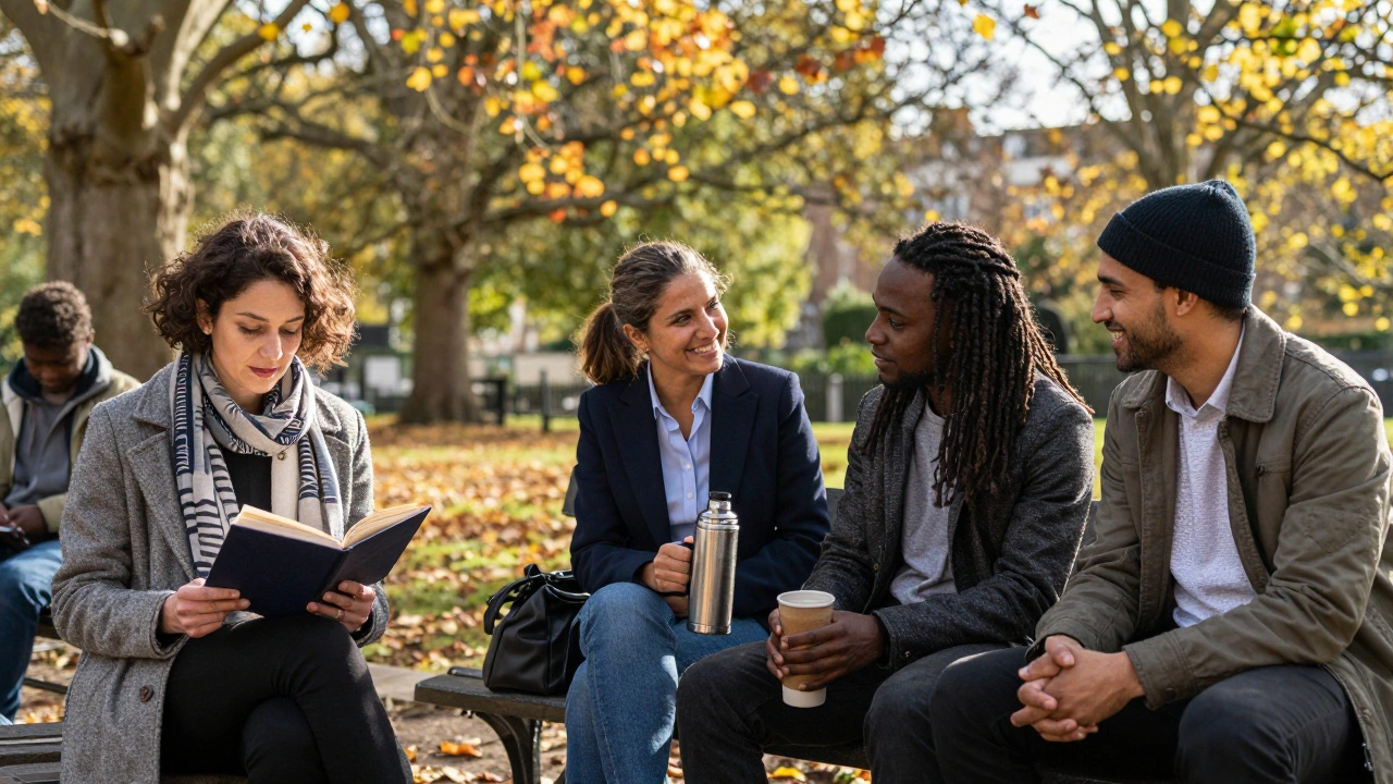 Diverse individuals share quiet moments in a North London park—reading, sipping tea, laughing gently under autumn trees.