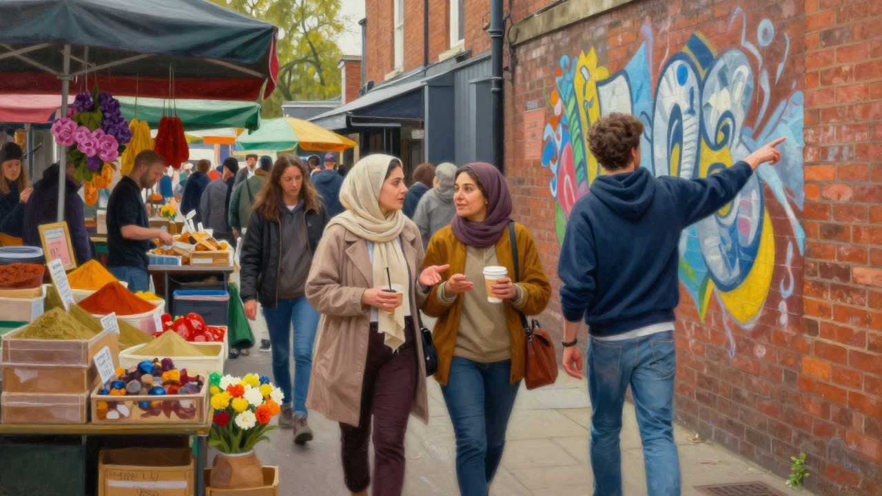 Diverse people stroll through Hackney’s Broadway Market, passing colorful food stalls and vibrant street art under soft sunlight.
