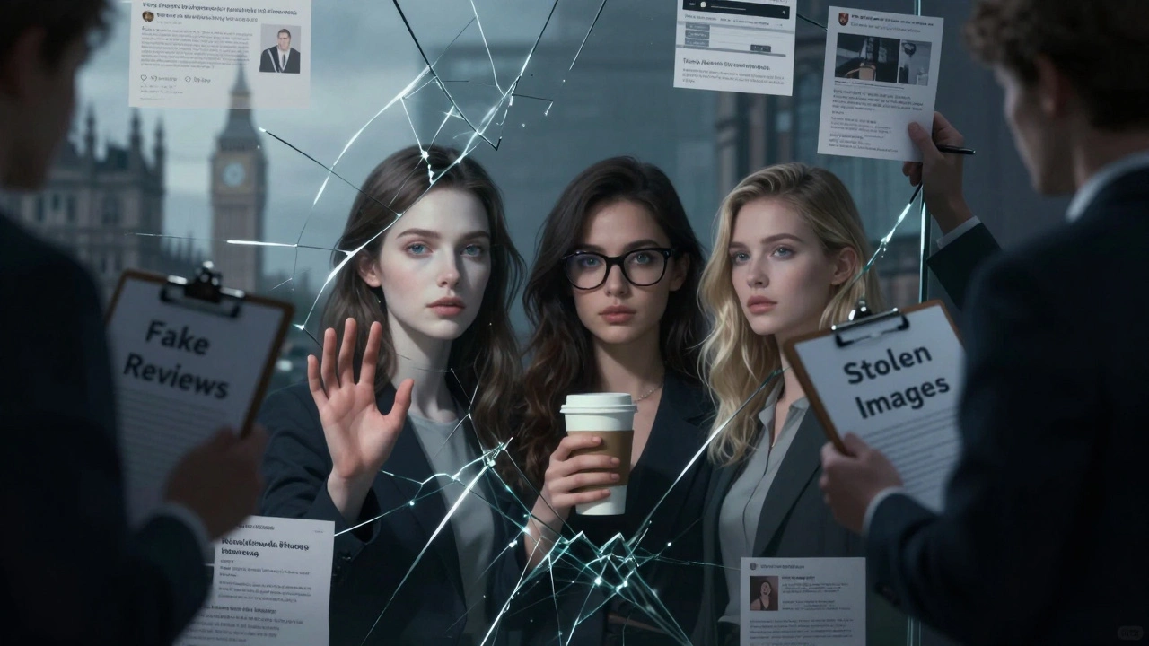 Fractured mirror reflecting three versions of a woman&#039;s face: AI-generated, real, and stolen stock photo, with shadowy figures behind.