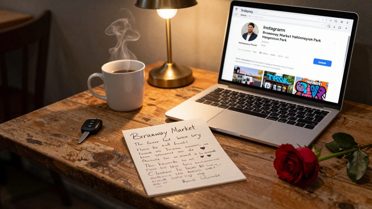 Handwritten note and laptop showing Hackney local landmarks on a café table with mug and rose.