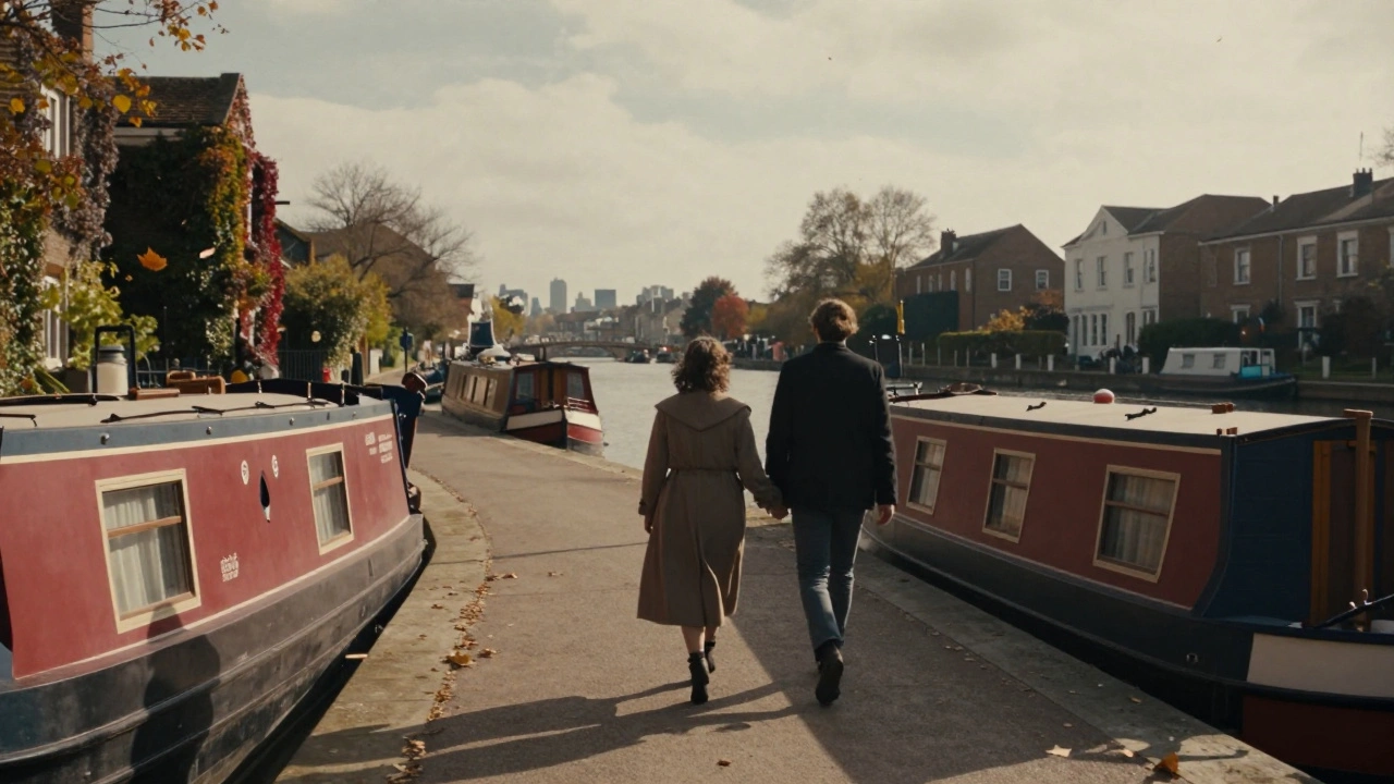 Man and woman walking together along a quiet canal lined with colorful houseboats at sunset.
