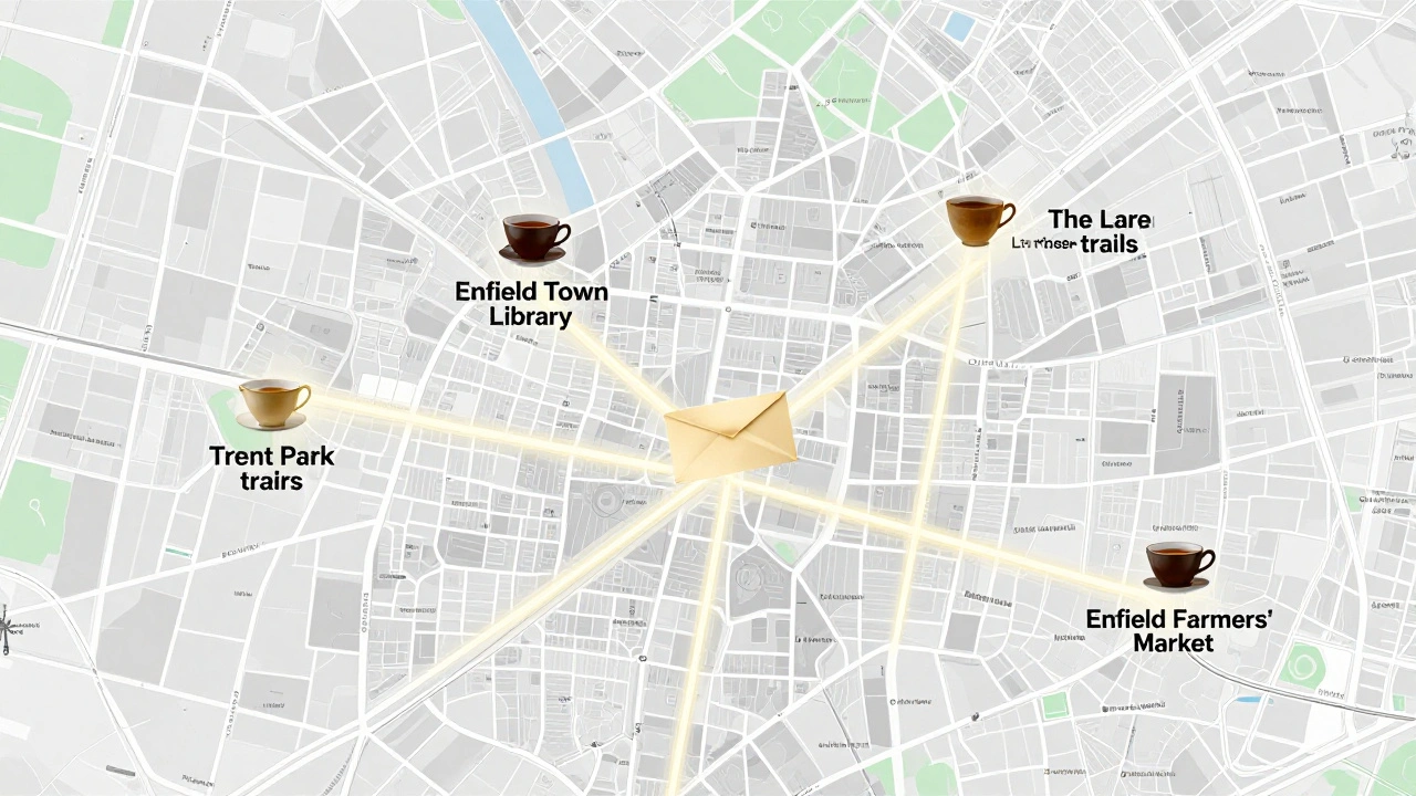 Map of North London with glowing connections between local landmarks, each marked by a teacup or letter.