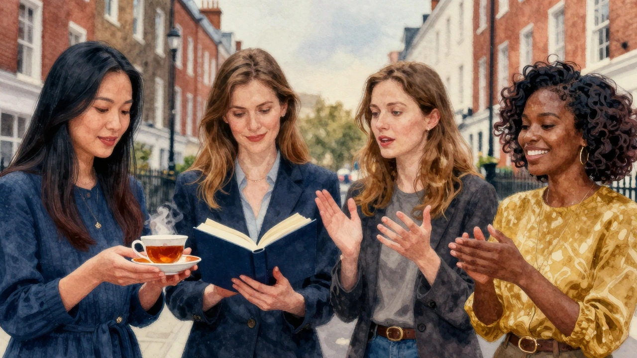 Multicultural hands offering tea, holding books, and laughing, symbolizing emotional connection across London's diverse escort scene.