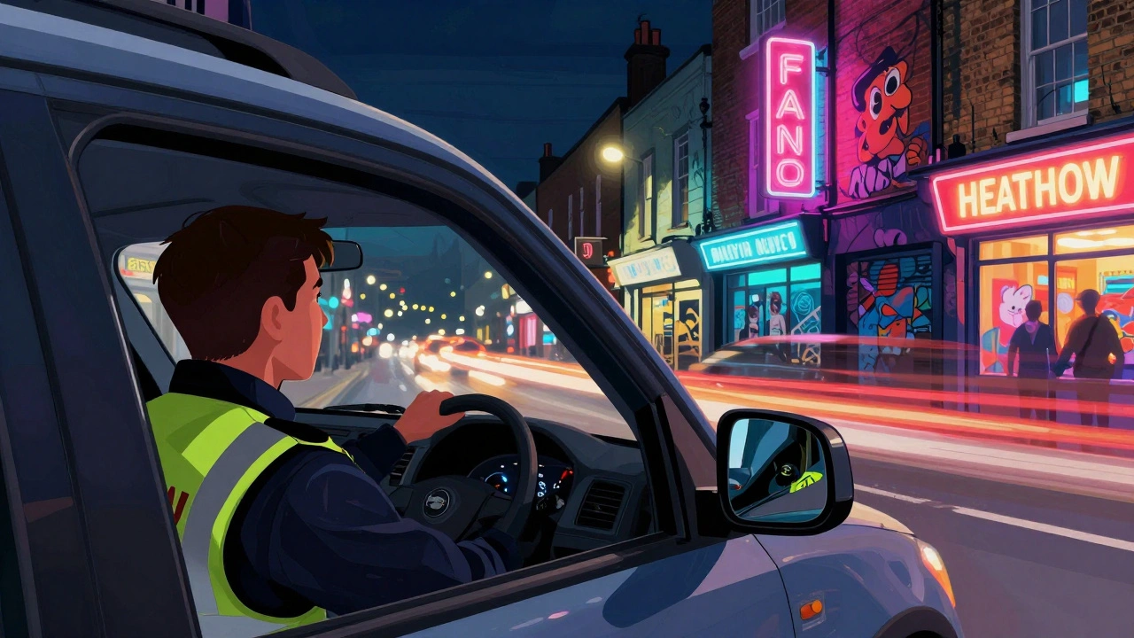 Nighttime drive through East London with glowing street art and neon reflections.