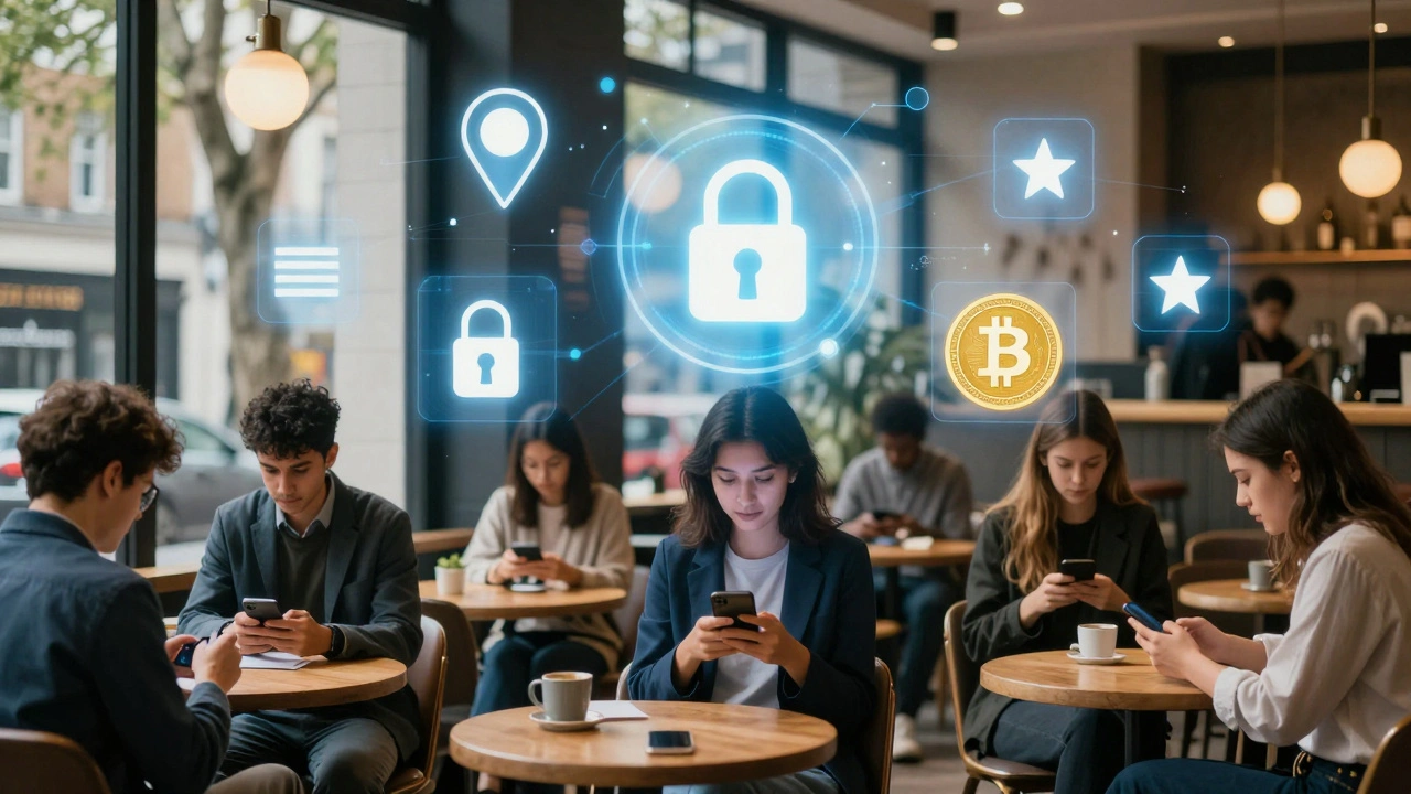 People in central London using apps for discreet companionship, with digital safety icons floating subtly above them.