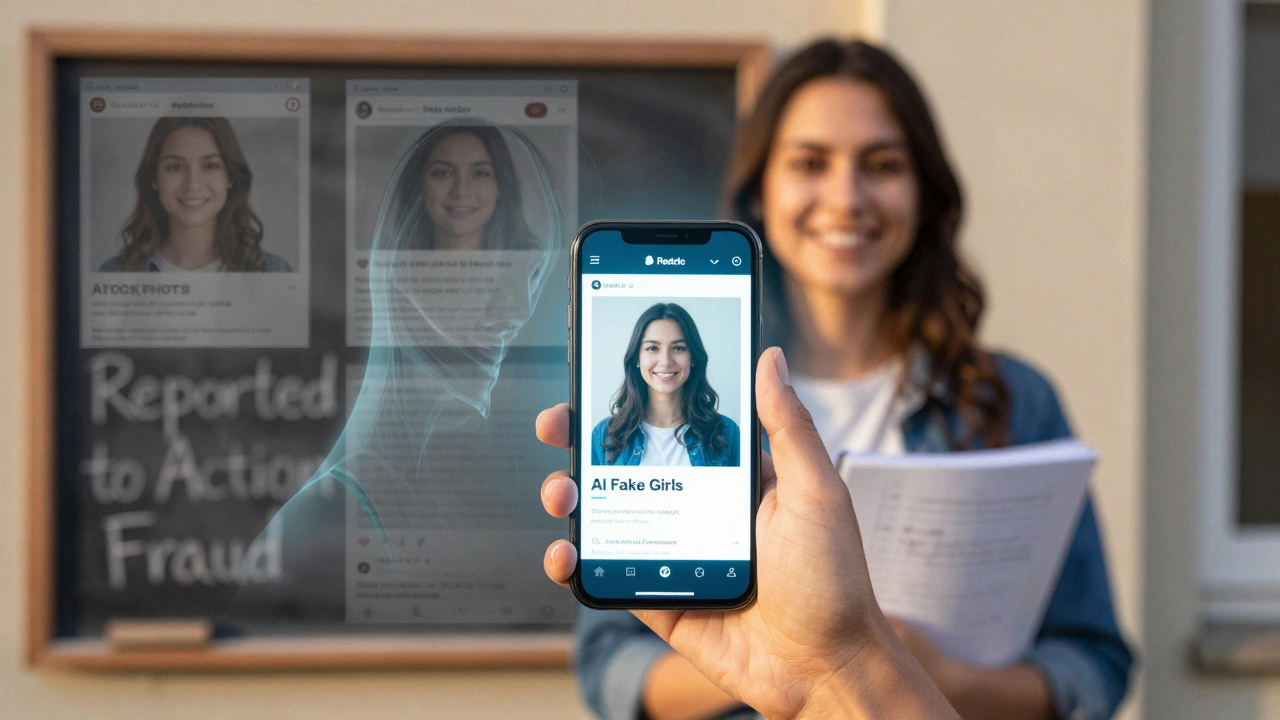 Smartphone displaying a profile photo with ghostly overlays of where the image appears online, while a real person stands quietly in the background.