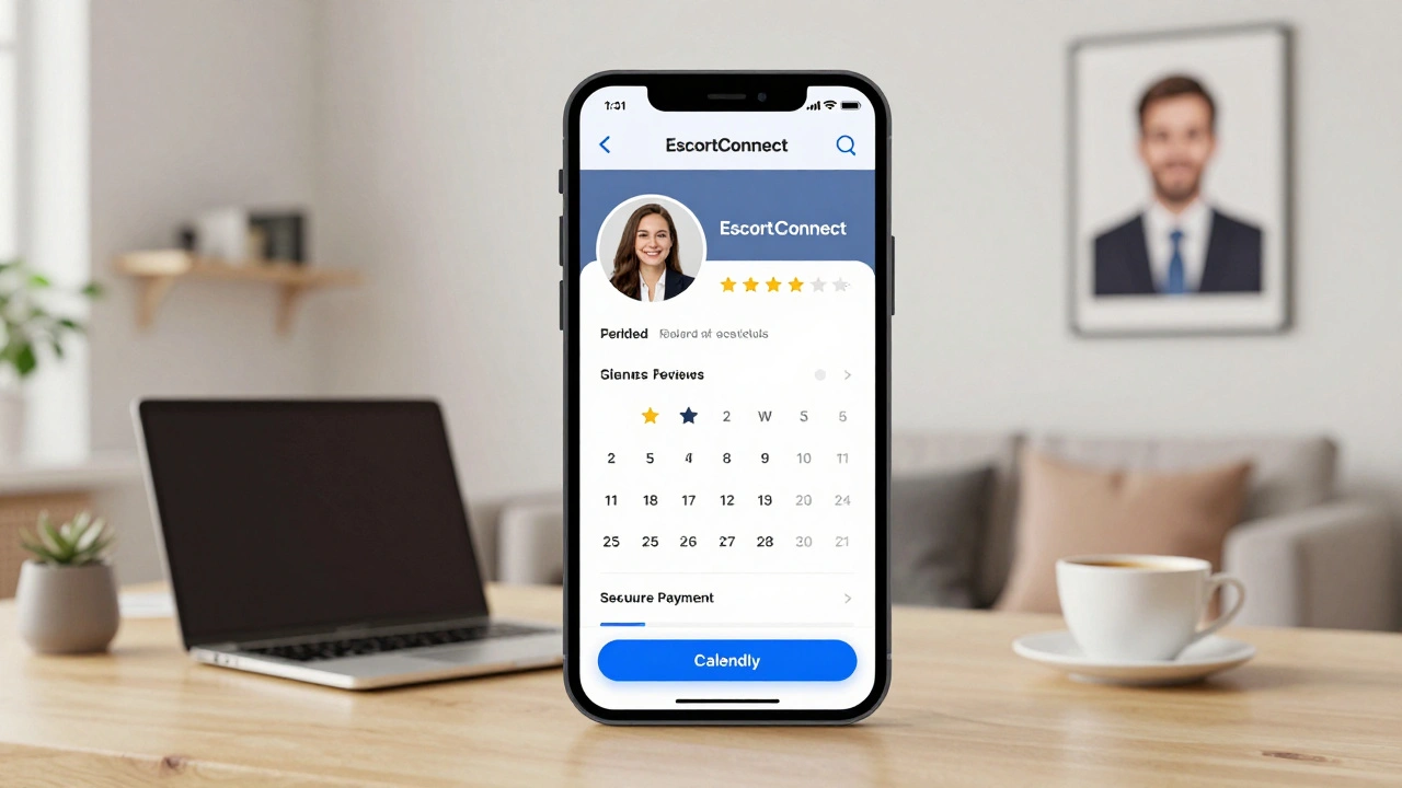 Smartphone screen displaying a verified escort profile with reviews and booking options in a cozy London apartment.