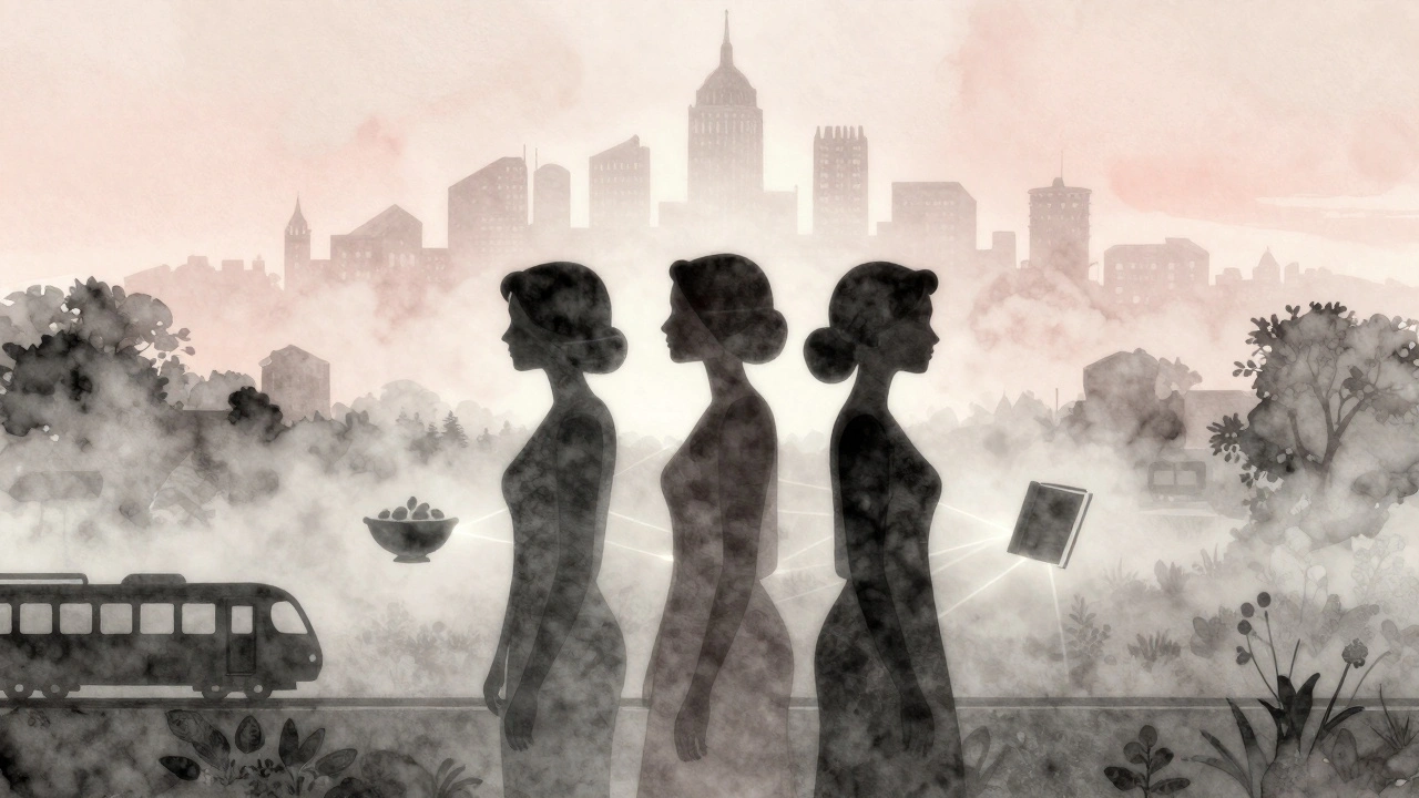 Three abstract female silhouettes in Stratford, connected by glowing threads to the London skyline.