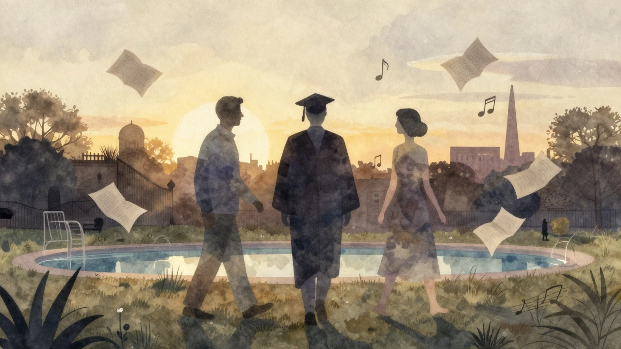 Three abstract figures walk together through Tooting Common at twilight, surrounded by floating books, music, and the outline of a swimming pool.